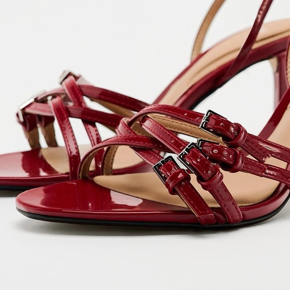 ZARA RED FAUX LEATHER HIGH HEELED STRAP SANDALS - Picture 13 of 15